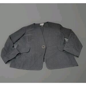 St. John Caviar Black Wool Blend Woven Knit Blazer Jacket Sz 14 Single Breasted